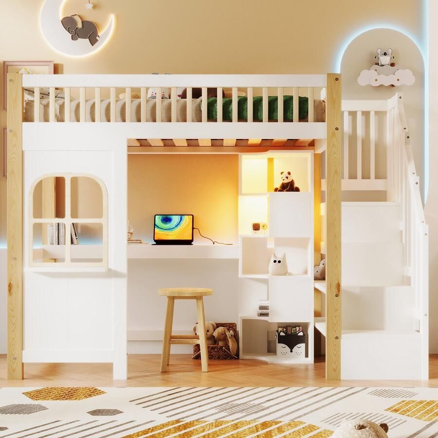 Sweiko Hoogslaper 90x200cm LED-verlichting Opbergkast Bureau Oplaadpunten Wit + Natuurlijke