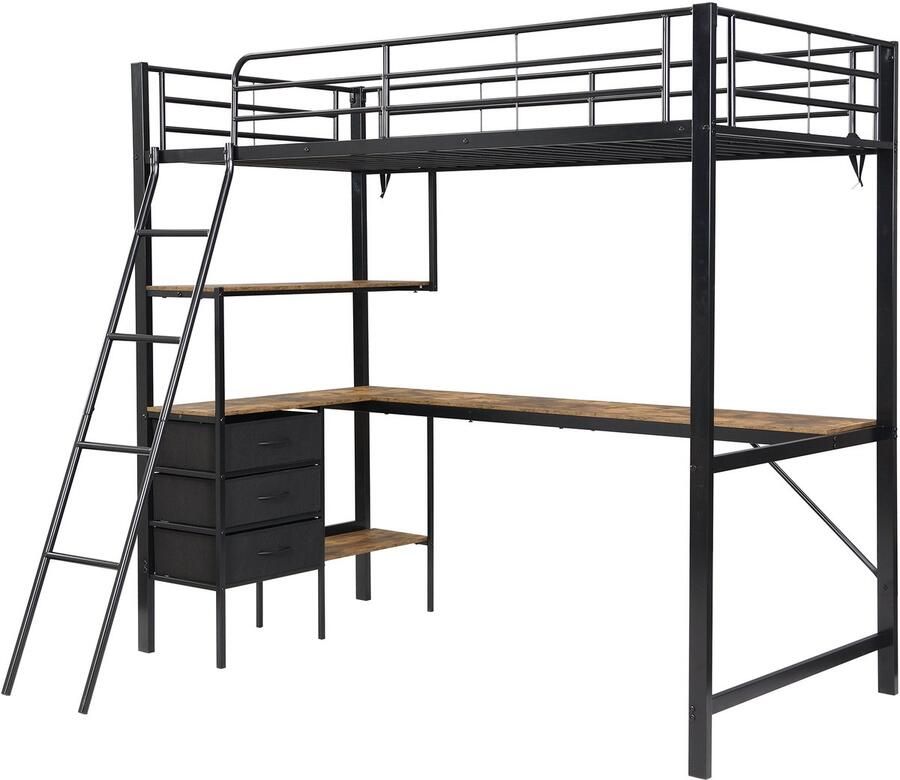 Sweiko Hoogslaper 90x200cm met 3 laden + bureau + planken IJzer + Spaanplaat Zwart + Donker Notenhout (zonder stoel)