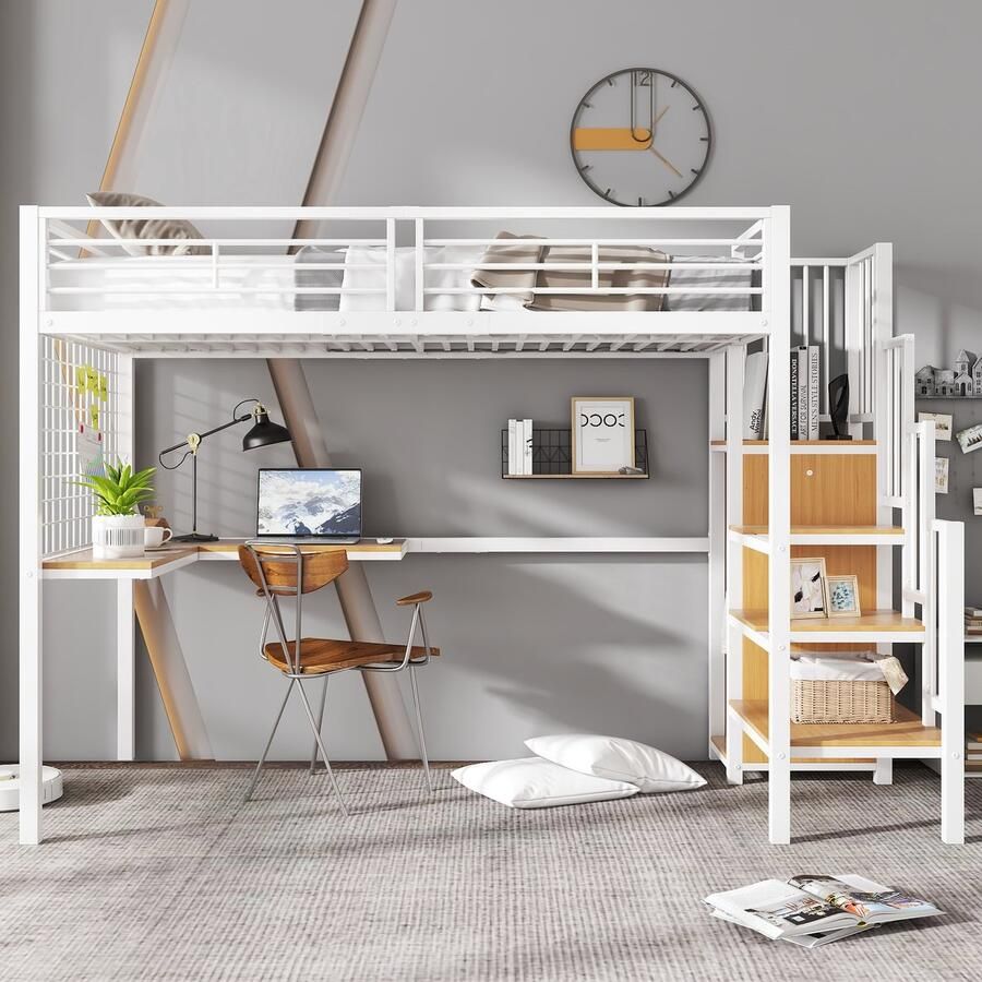 Sweiko IJzeren bed Stapelbed Hoogbed Geschikt Voor Kinderen en tieners met tafel en kledingkast zijladder met leuningen ijzer+spaanplaat Wit+Naturel 90x200cm(Geen matras)
