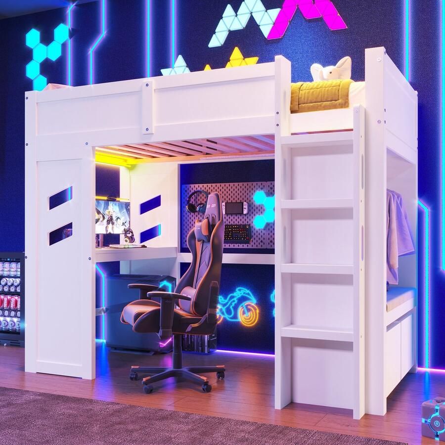 Sweiko Hoogslaper 90x200cm Met bureau LED-verlichting USB Type-C Lades Kledingrek Wit