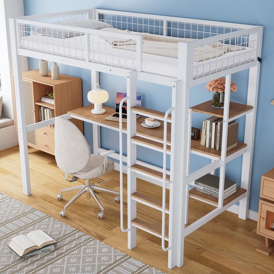 Sweiko Hoogslaper 90x200cm met bureau + plank valbeveiliging ijzer + MDF wit + naturel (zonder stoel)