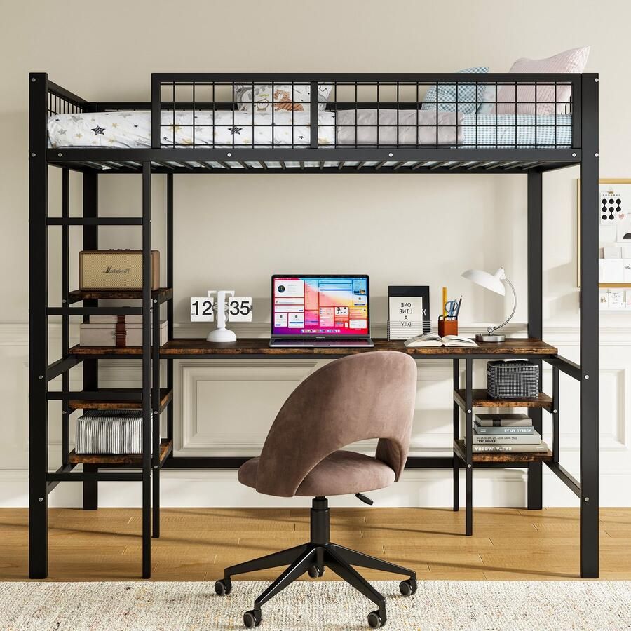 Sweiko Hoogslaper 90x200cm met tafel + opbergplanken IJzer + hardhouten panelen Zwart