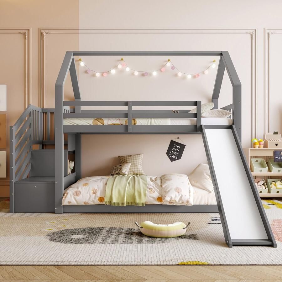 Sweiko Stapelbed met Opbergtrap en Glijbaan Huisbed Kinderbed met reling Geschikt voor Kinderen Tieners 90x200cm Grijs