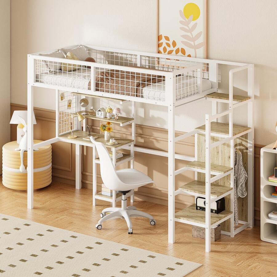 Sweiko Hoogslaper Kinderbed met ladder kledingkast en bureau 90x200cm Wit + Naturel(zonder stoel)