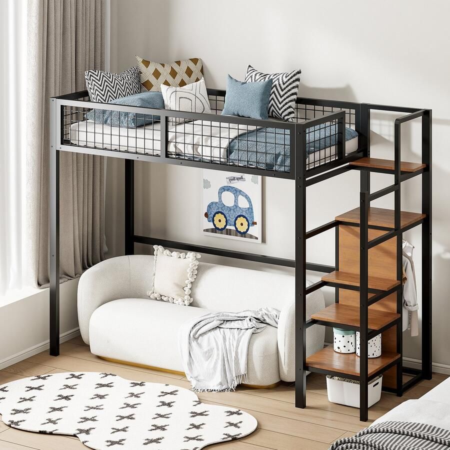 Sweiko Hoogslaper kinderbed met ladder kleerkast en opbergplanken 90*200cm Zwart (zonder stoel)