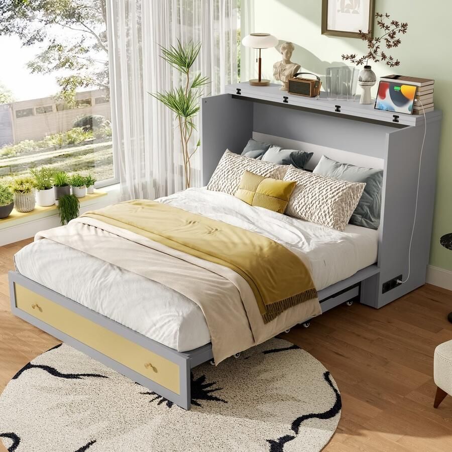 Sweiko Houten bed 140 x 200 cm Opbergkast USB-poorten Verstelbaar platformbed Grijs