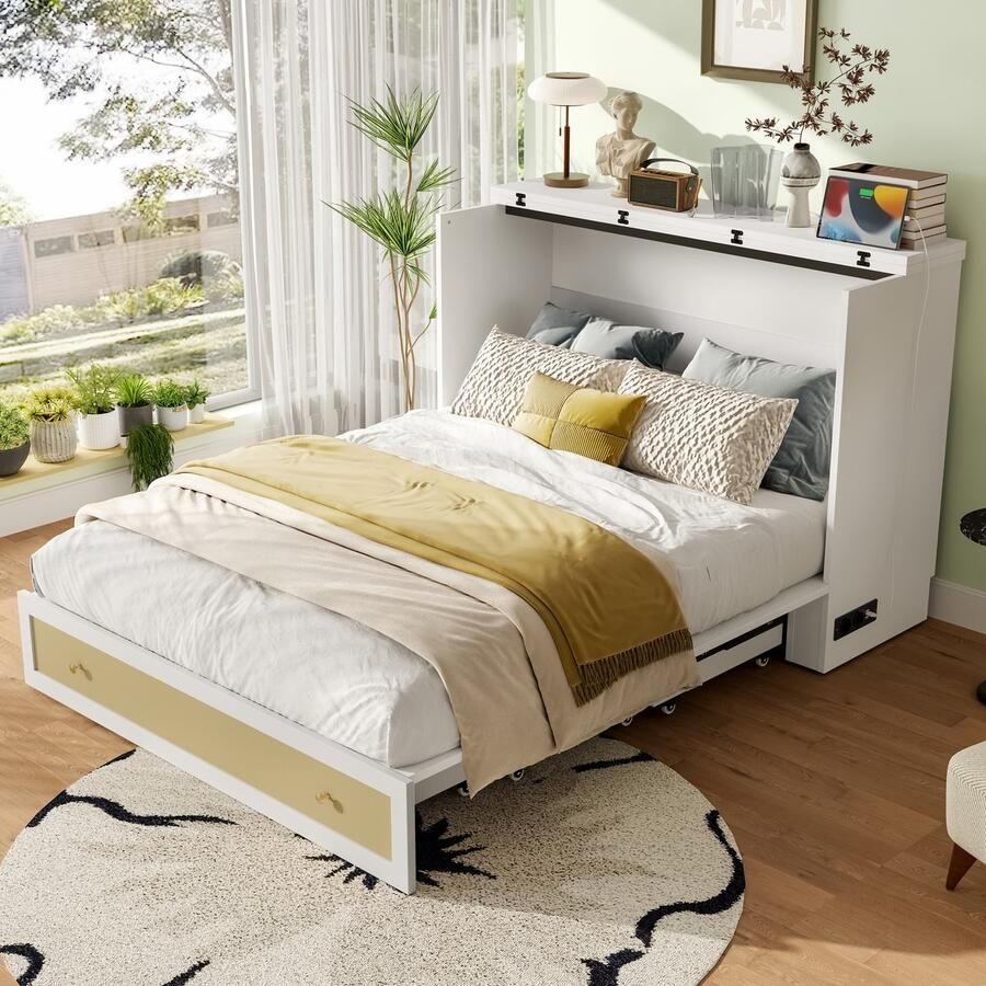 Sweiko Houten bed 140 x 200 cm Opbergkast USB-poorten Verstelbaar platformbed Wit