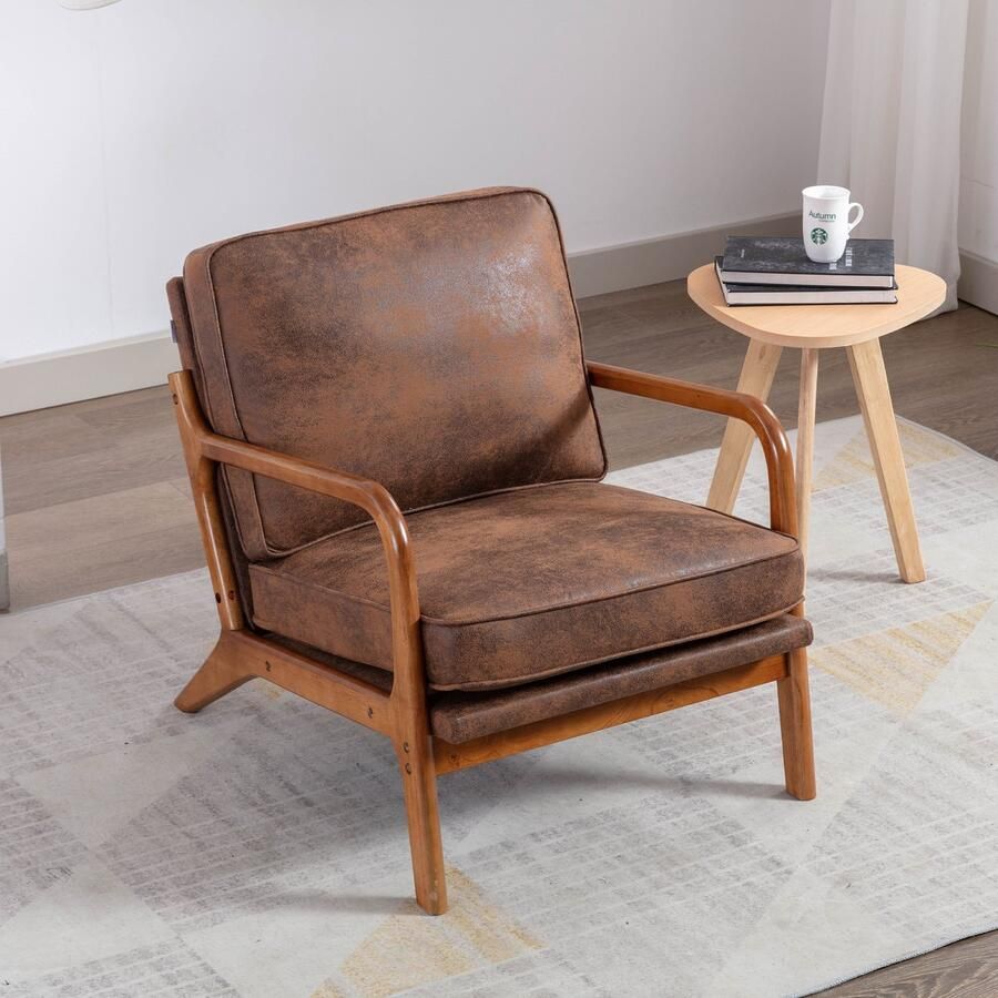 Sweiko Houten Frame Fauteuil Moderne Stijl woonkamer lounge stoel Koffiekleur massief houten frame en benen gebogen armleuning