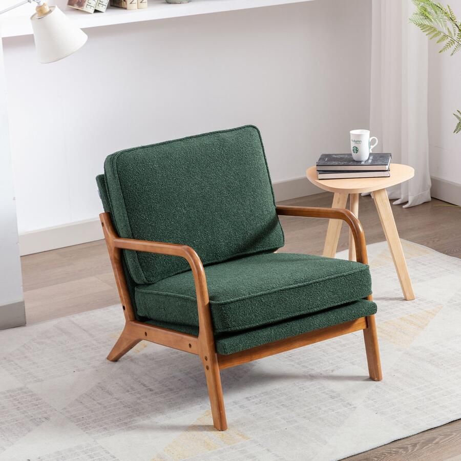 Sweiko Houten Frame Fauteuil Moderne Stijl woonkamer lounge stoel Smaragdgroen massief houten frame en benen gebogen armleuning