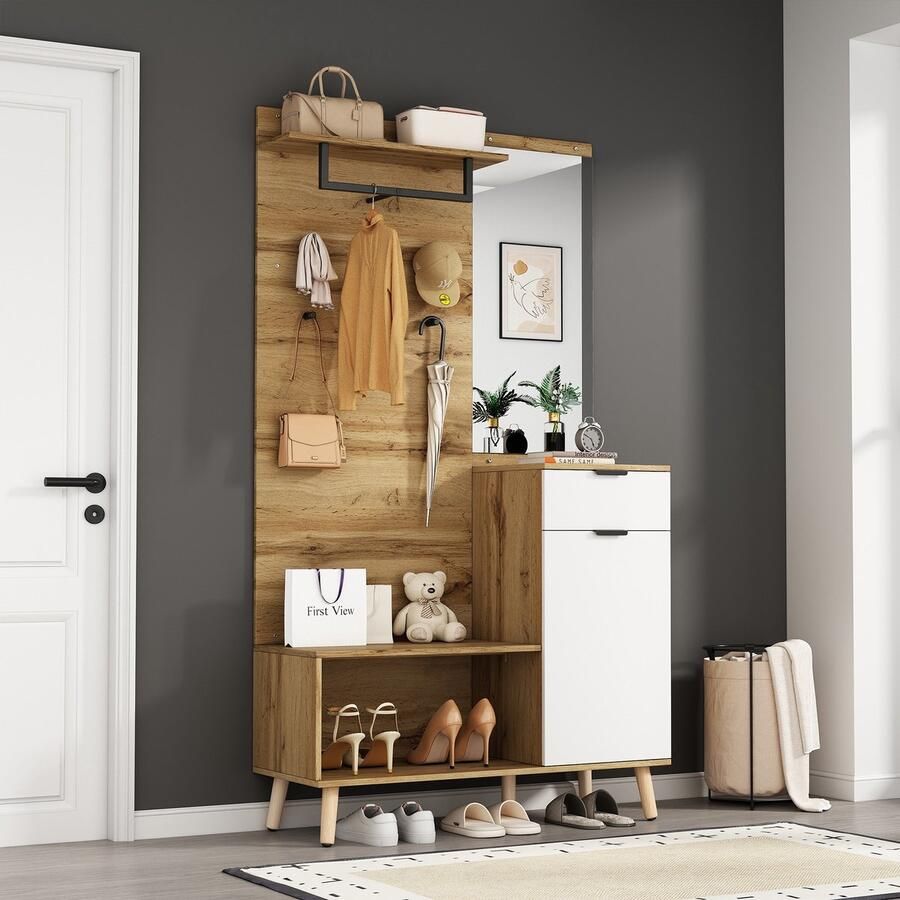 Sweiko Houten garderobeset hoogte 190 cm met spiegel schoenenbank schoenenkast laden legplanken en jashaken wit + bruin