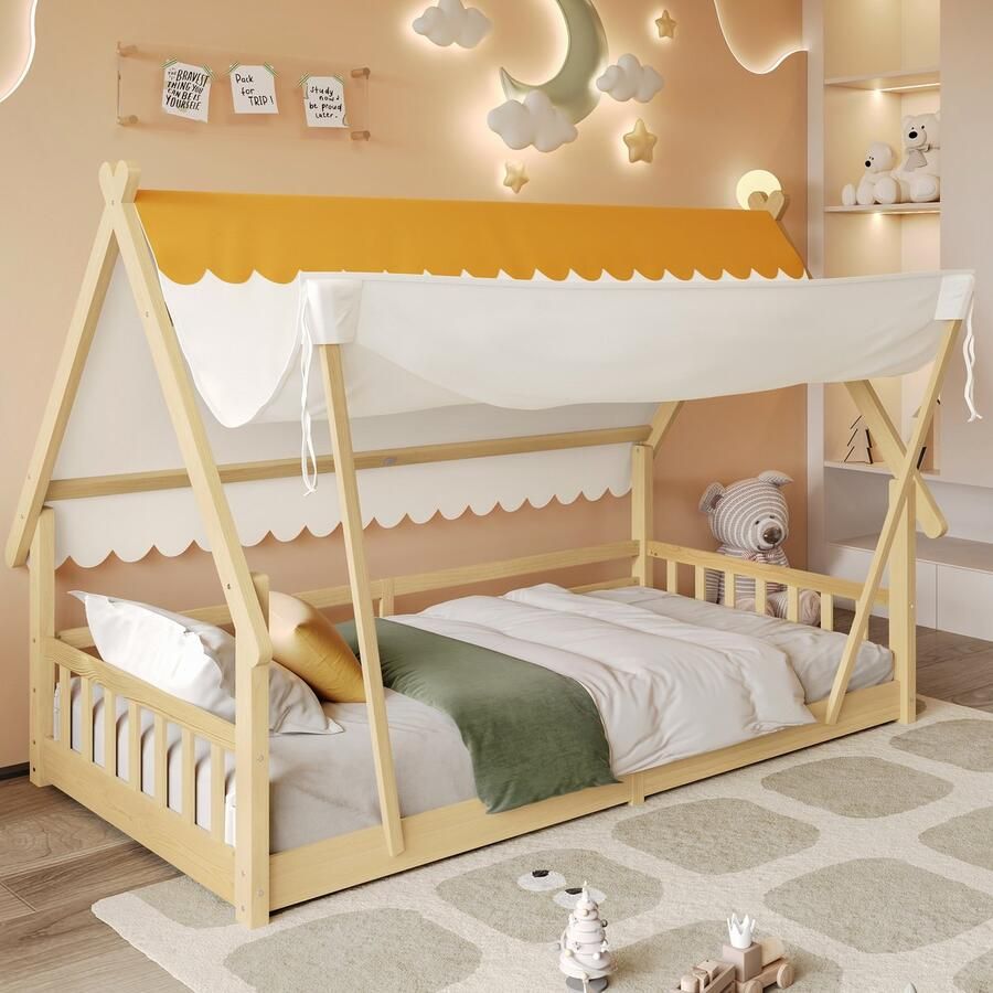 Sweiko Houten kinderbed 90 x 190 cm Afneembare hemel Grenenhout + MDF Natuurlijke