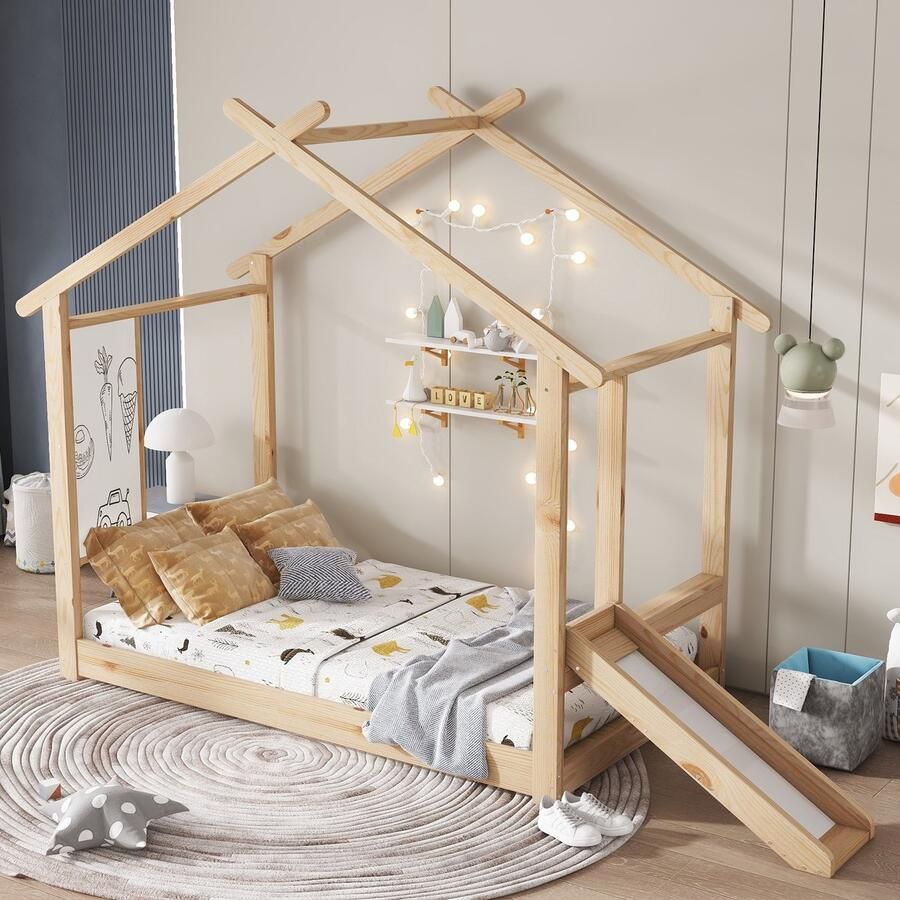 Sweiko Houten kinderbed 90 x 200 cm Met glijbaan Huisontwerp Graffitibord Grenenhout + MDF Natuurlijke