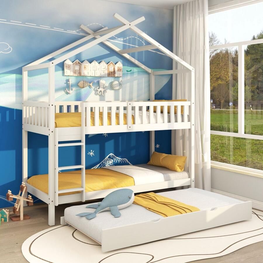 Sweiko Huisbed Kinderbed Jeugdbed 90x200 cm drie bedden Uitschuifbaar Ruimtebesparend ontwerp Wit