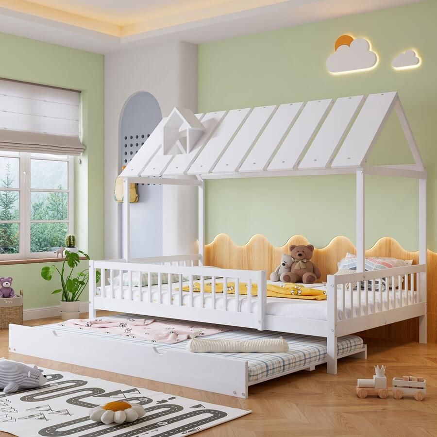 Sweiko Huisbed met Extra bed dak met Open Haard Strip Kinderbed Jeugdbed met 3-Zijdig Rooster Denne+MDF Wit 120x200 190cm