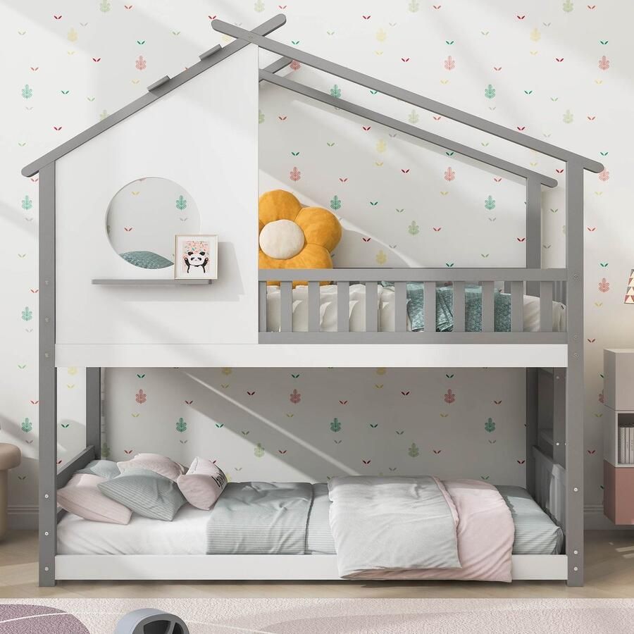 Sweiko Huisbed Stapelbed met rechthoekige ladder kinderbed met valbeveiliging en barrière frame van dennenhout Grijs en wit (90x200cm)