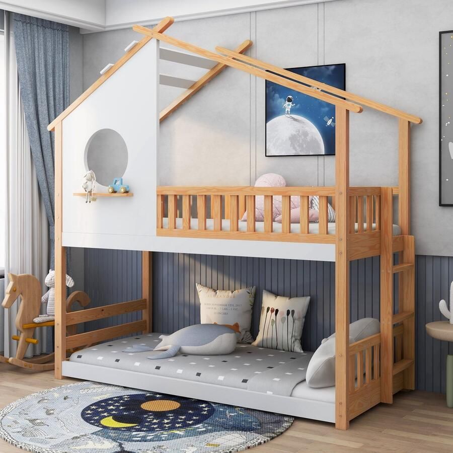 Sweiko Huisbed Stapelbed met Rechthoekige ladder Kinderbed met Valbeveiliging en Barrière Frame van Dennenhout Natuurlijk en wit (90x200cm)