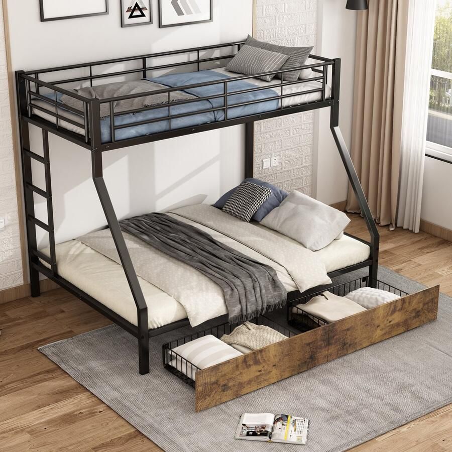 Sweiko IJzeren bed Kinderbed Stapelbed 90x200cm en 140x200cm Geschikt voor kinderen en tieners met twee lades bed met vier zijrails ijzer+MDF Zwart+vintage houten kleur