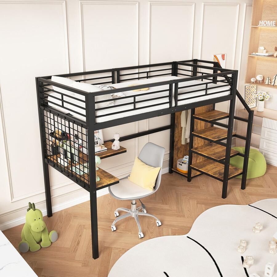 Sweiko IJzeren bed Stapelbed Hoogbed Geschikt Voor Kinderen en Tieners met tafel en kledingkast zijladder met leuningen ijzer+spaanplaat Zwart+Donker Hout kleur 90x200cm(Geen matras) - Foto 2