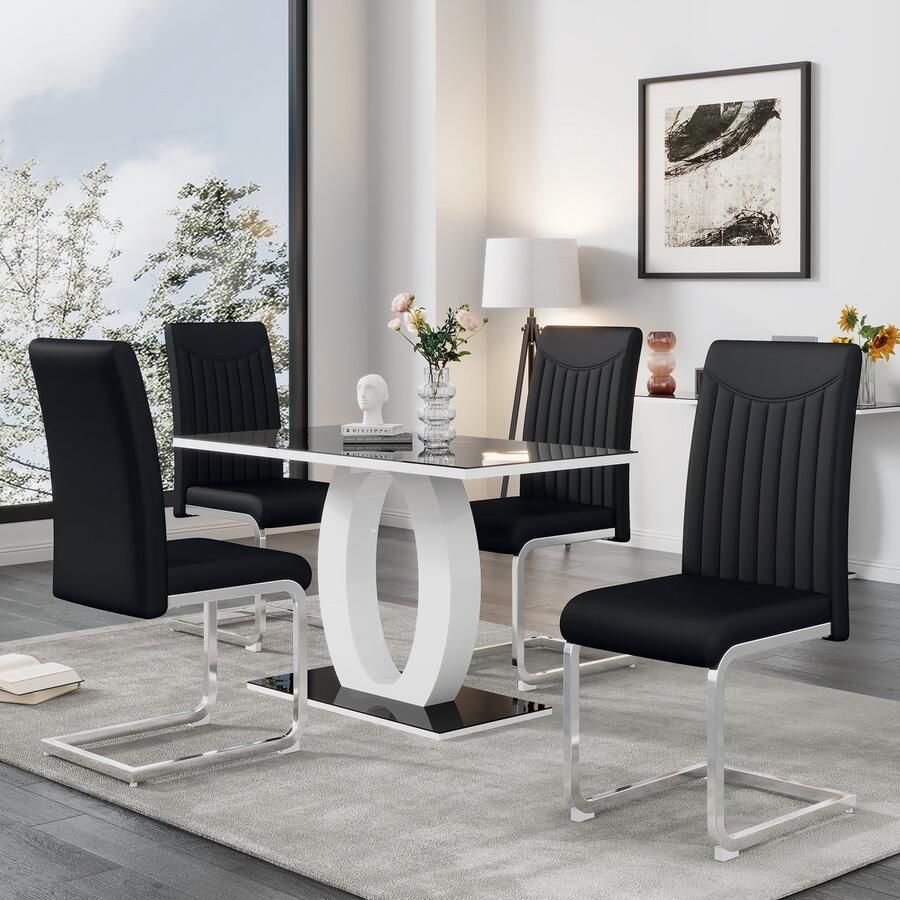 Sweiko Kantilevere Eetkamerstoelen (4-delig) verchroomd metalen frame geschikt voor 150 kg rugleuning versierd met strepen PU kunstlederen stof ergonomie Zwart