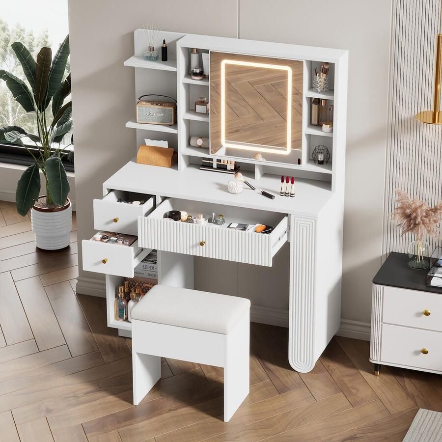 Sweiko Kaptafel met Spiegel + kruk LED-verlichting Verstelbare helderheid 3 laden 100 x 40 x 138 cm Wit