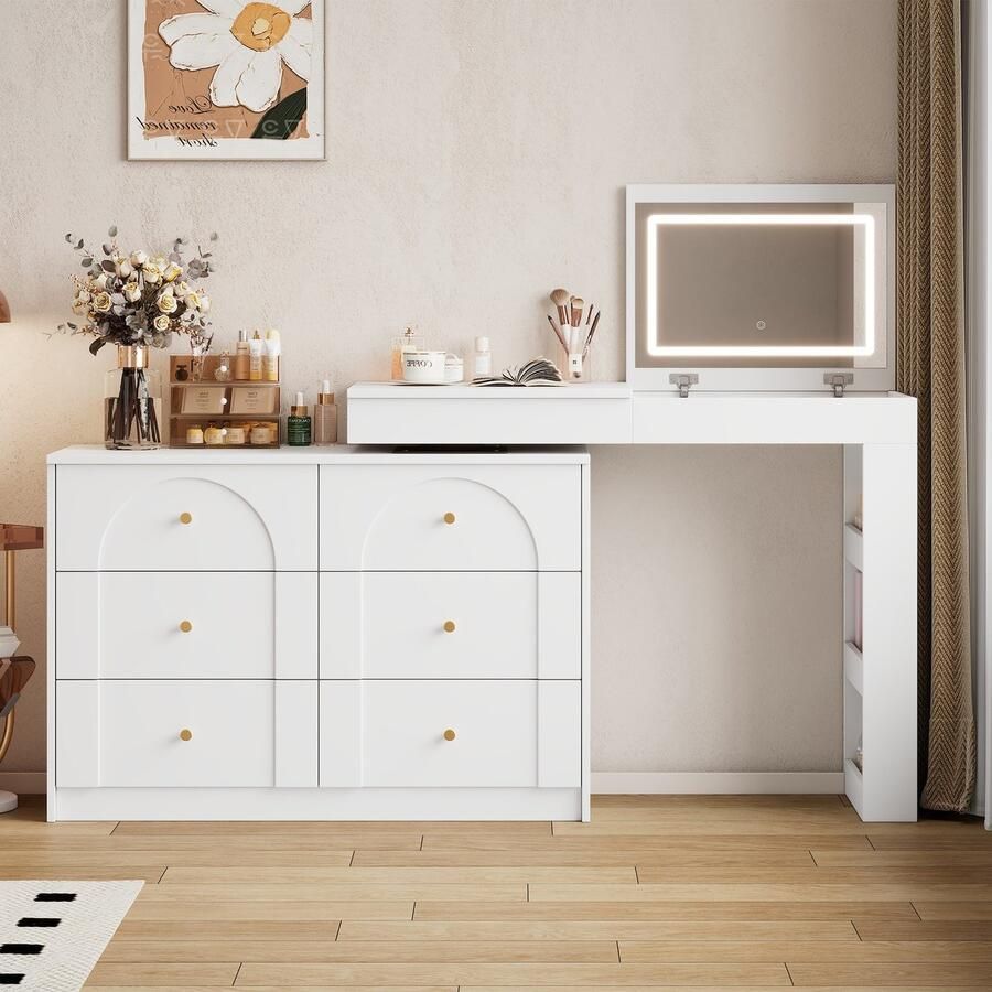 Sweiko Kaptafel met Spiegel LED verlichting Zwenkbaar tafelblad Bureau 105 x 40 x 80 cm Wit