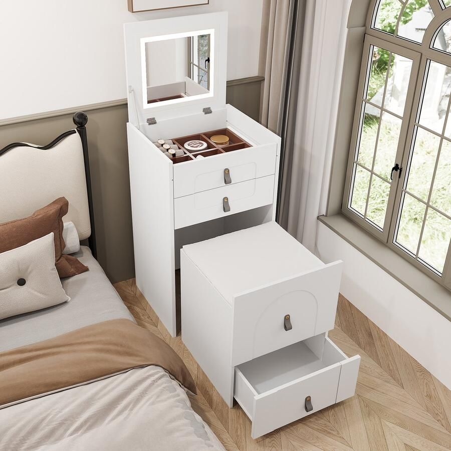 Sweiko Kaptafel set met 3 laden spiegel LED verlichting en opbergbankje kan gebruikt worden als nachtkastje wit