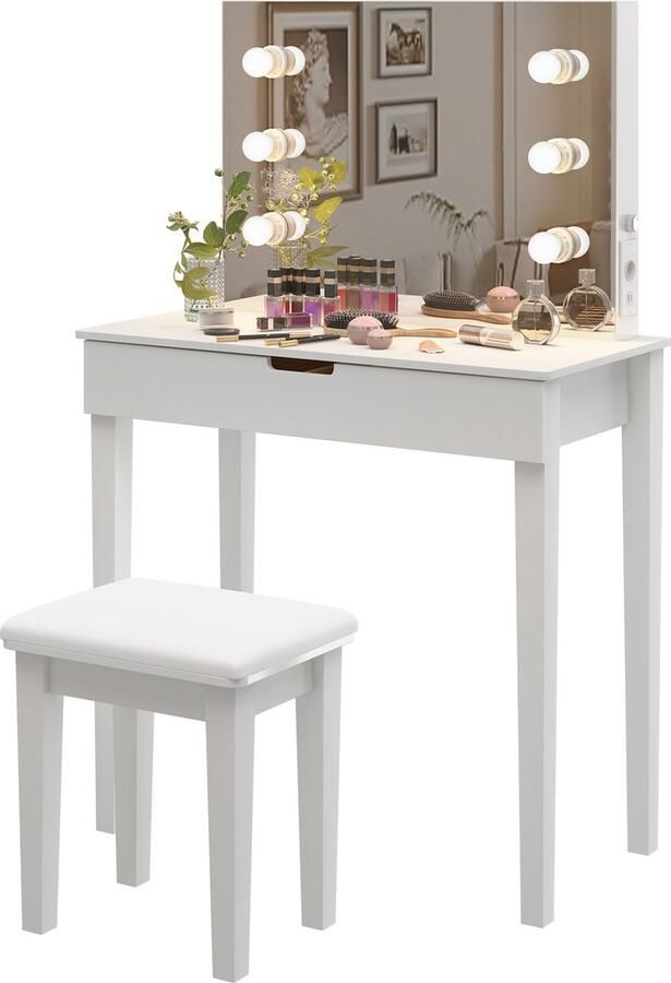 Sweiko Kaptafel set Met spiegel Cosmetisch krukje 6 bollen Wit