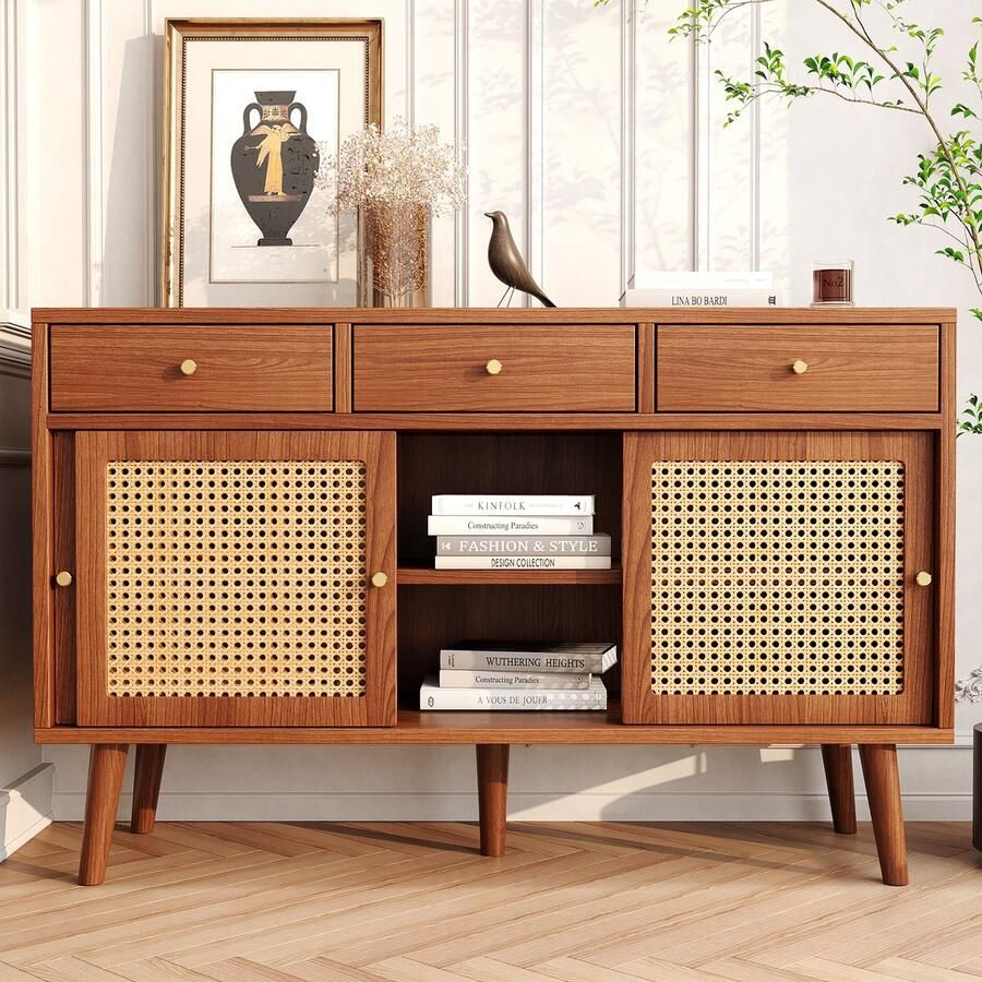 Sweiko Kast Dressoir Commode met 3-lades en 3-schuifdeuren Rotan gaas op de deurfronten poten van massief hout gouden metalen handvat verstelbare planken Walnoothout 120x 40x78cm