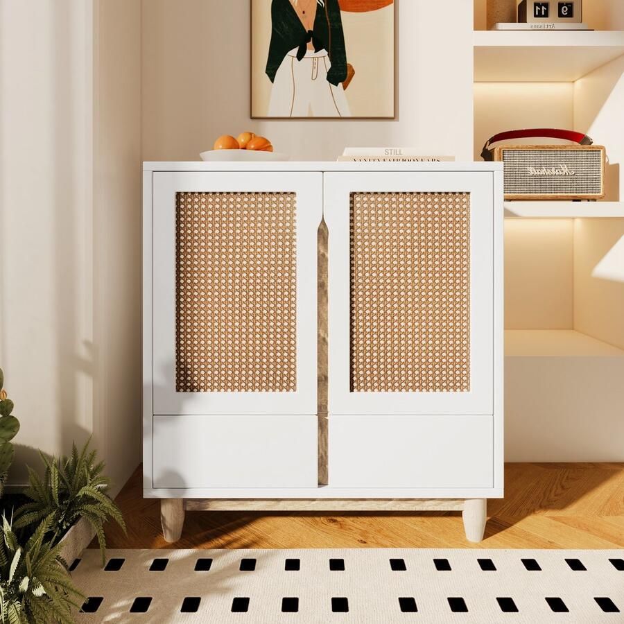 Sweiko Kast en Woonkamer Dressoir met Deuren in Rotan imitatie Benen van massief hout Wit