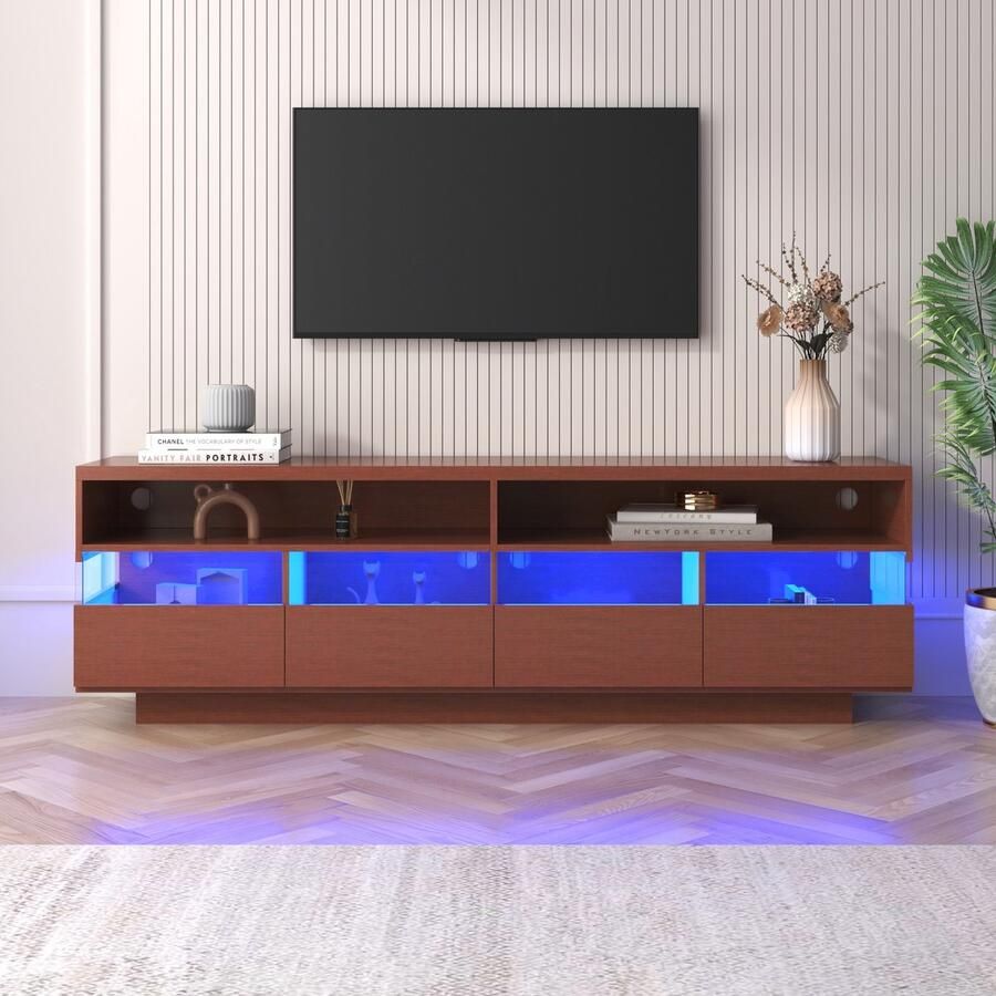 Sweiko Kast houten TV kast laag paneel met LED verlichting twee compartimenten en vier grote laden veel opbergruimte