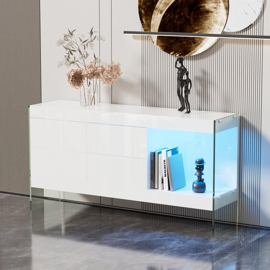 Sweiko Kast met glazen poten vier lades en één vak Commode met LED verlichting Wit