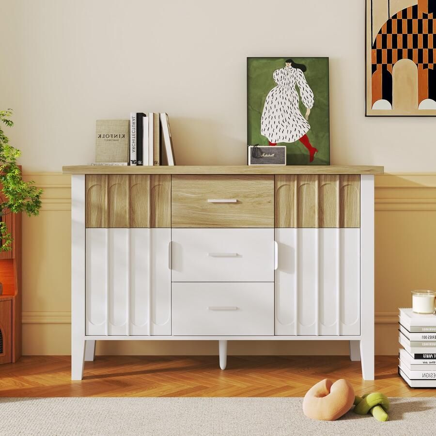 Sweiko Kast Sideboard Commode met deuren en lades unieke deurpanelen met holle en bolle textuur ontwerp in wit en houtkleur 120 x 40 x 80 cm