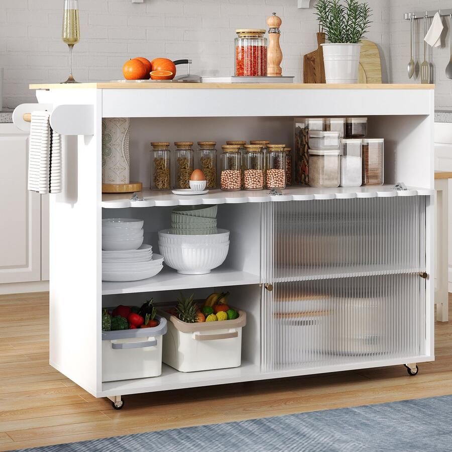 Sweiko Keukeneiland trolley Eiken afwerking Glazen schuifdeuren Verstelbare planken Handdoekrek Wit