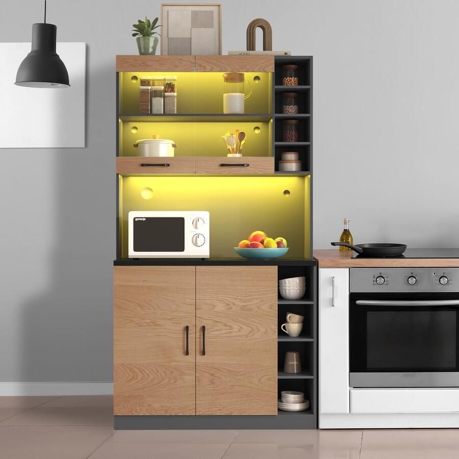 Sweiko Keukenkasten buffet met LED-verlichting en snoergaten grote ruimte voor magnetron in hoogte verstelbare zijplanken bruin + grijs