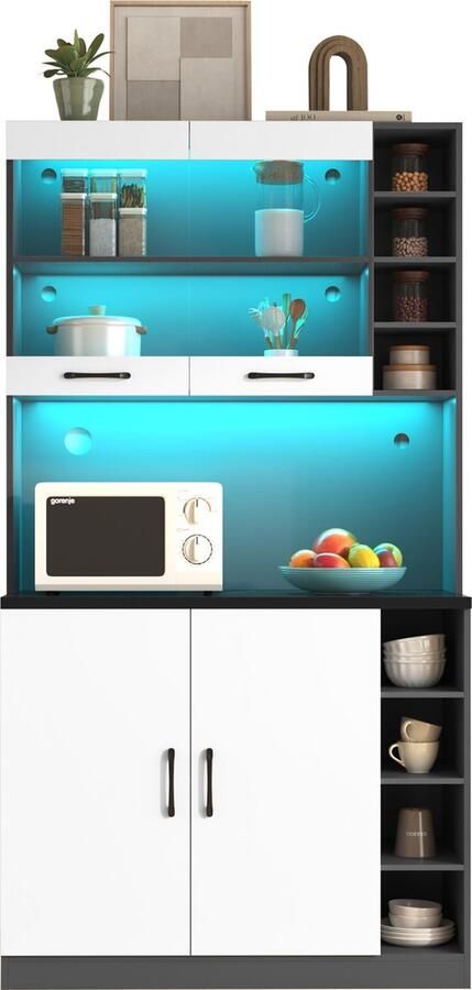 Sweiko Keukenkasten buffet met LED-verlichting en snoergaten grote ruimte voor magnetron in hoogte verstelbare zijplanken wit + grijs