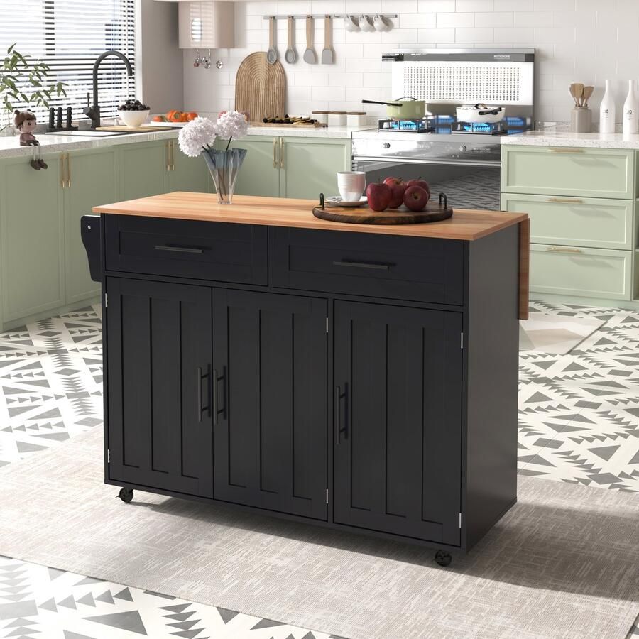 Sweiko Keukentrolley Dressoir 2 laden Inklapbaar tafelblad Op wielen Zwart + Natuurlijk