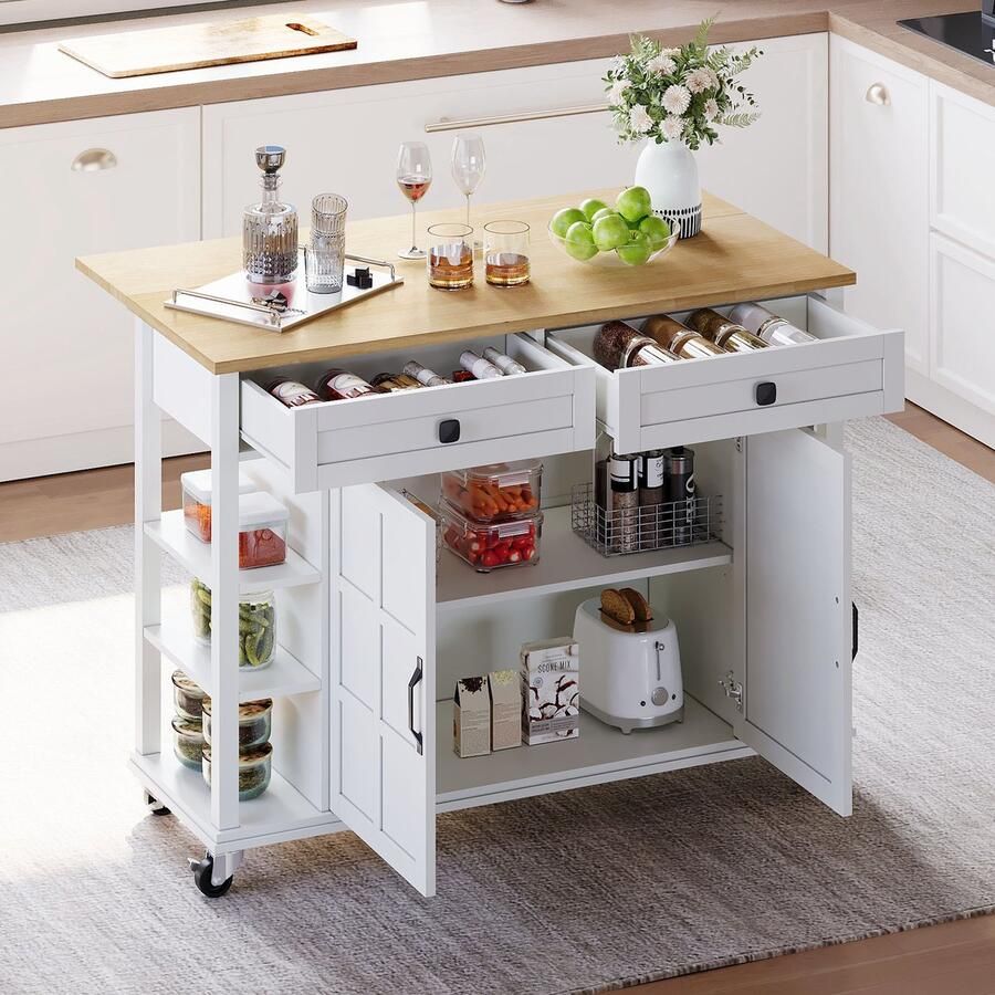 Sweiko Keukentrolley Uitschuifbaar 2 laden Verstelbare legplanken met Wielen Wit