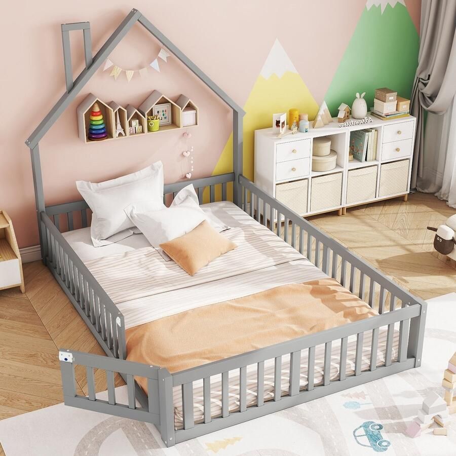 Sweiko Kinderbed 140 x 190 cm met Guardrail Grenenhout + MDF Grijs
