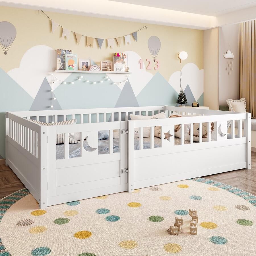 Sweiko Kinderbed 140 x 190 cm Met zijhekken Sterren- en maanthema Geen bodem Wit