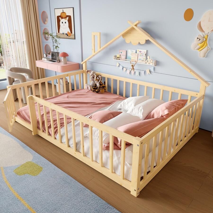 Sweiko Kinderbed 140 x 190 cm Veiligheidshekwerk Grenenhout + MDF Naturel