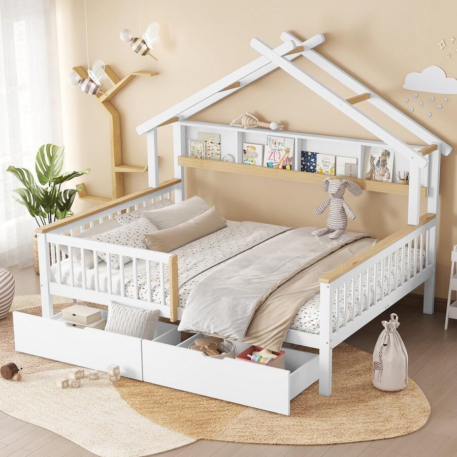 Sweiko Kinderbed 140 x 200 cm Boekenplank + 2 lades Grenenhout + MDF Wit + naturel