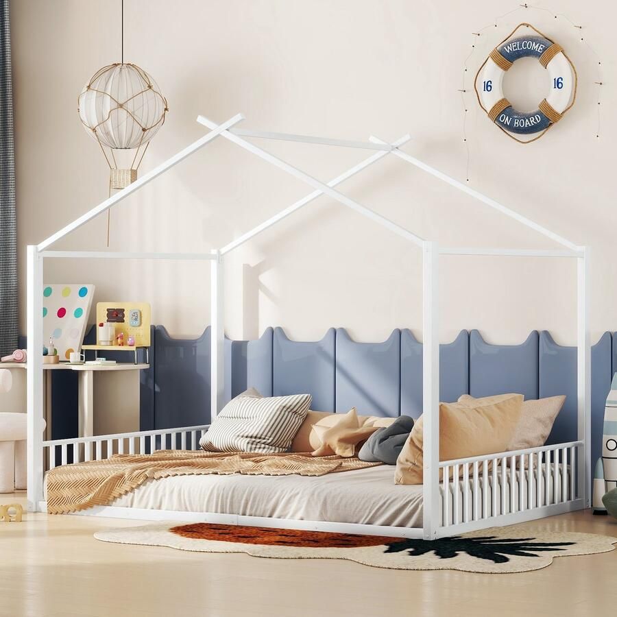 Sweiko Kinderbed 140 x 200 cm dubbel bed met ijzeren frame in de vorm van een huis zonder matras wit