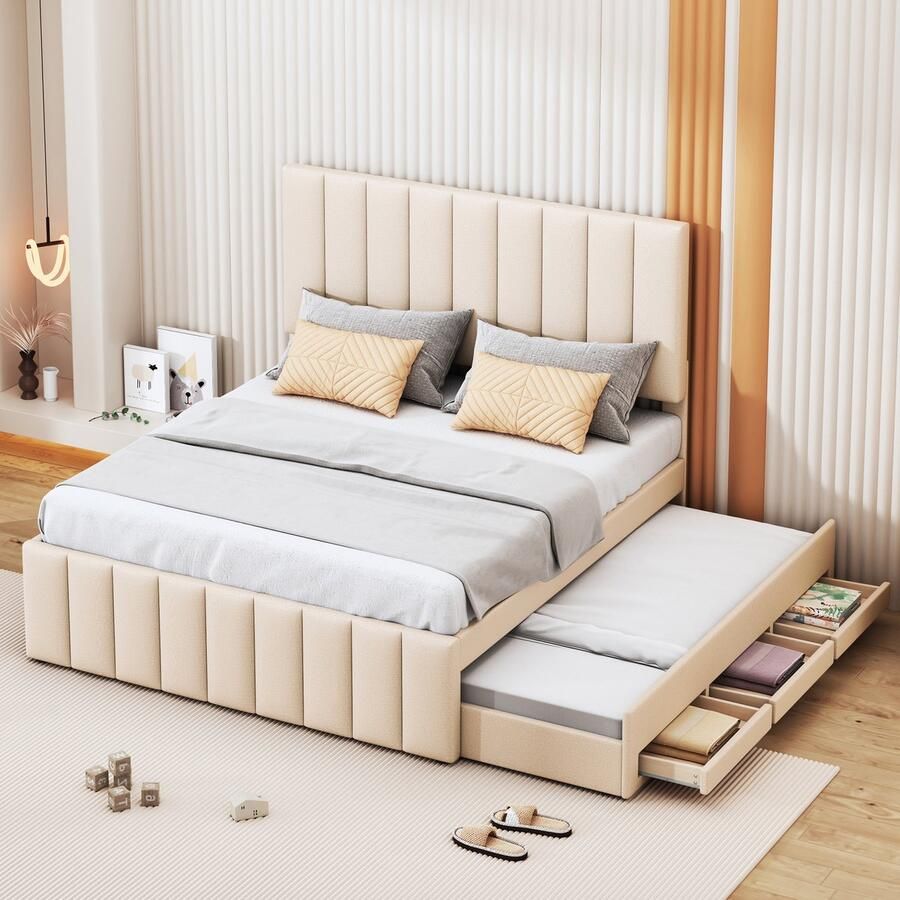 Sweiko Kinderbed 140 x 200 cm Kussen bed met Uitschuifbaar bed en lades Huidvriendelijk linnen interieur tweepersoonsbed wieg jeugdbed Beige(Zonder matras)