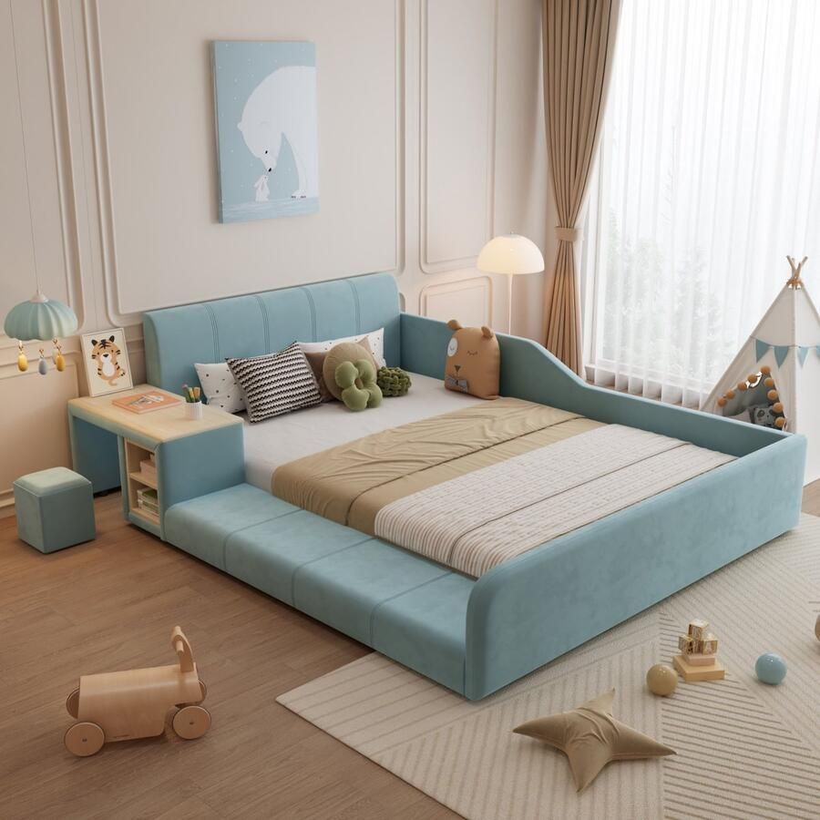 Sweiko Kinderbed 140 x 200 cm met Bureau + Stoel Opbergrek Velvet Blauw