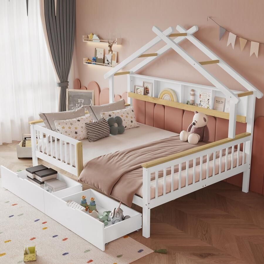 Sweiko Kinderbed 140 x 200cm met bedhek opbergrek 2 lades Grenenhout + MDF Wit + naturel