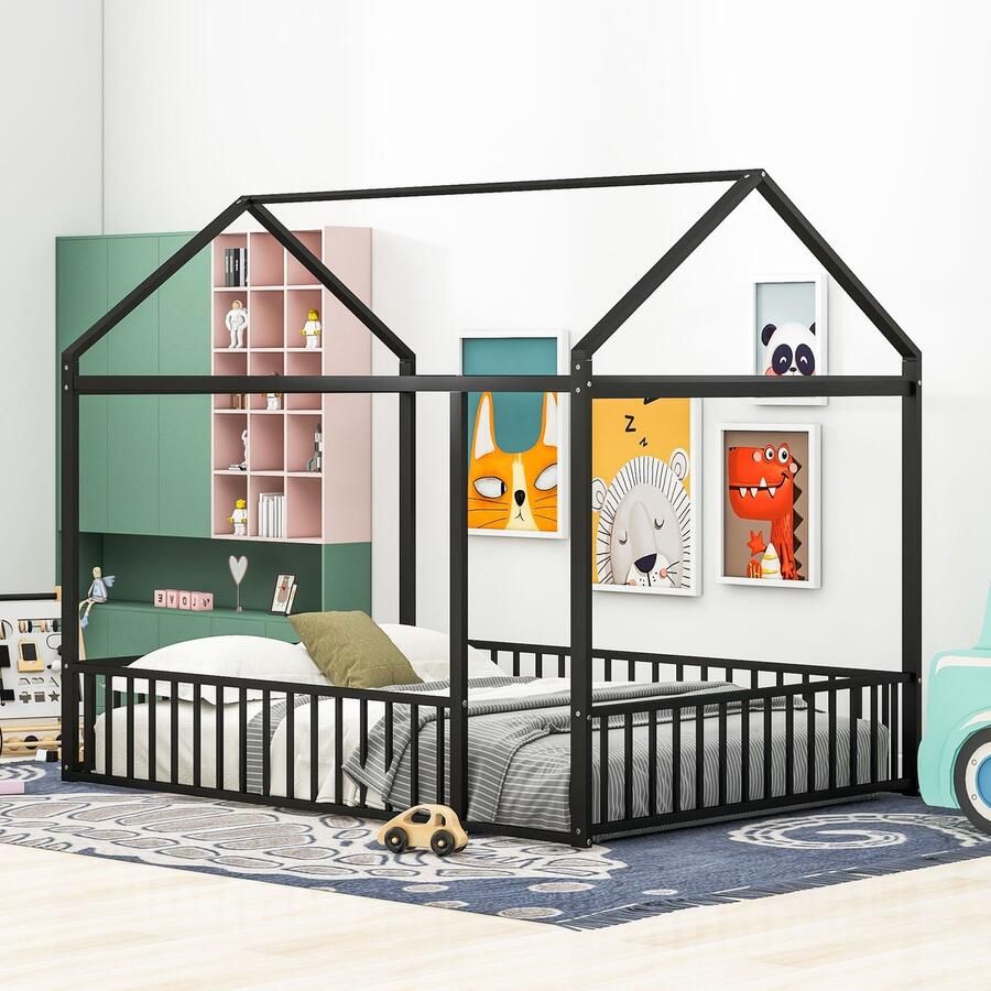 Sweiko Kinderbed 140 X 200cm metalen bed met spijlen Tweepersoons huisstijl zwart