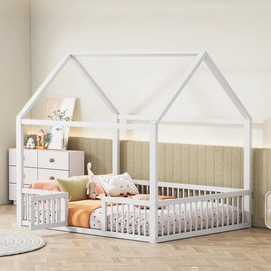 Sweiko Kinderbed 140*200cm massief houten bed Tweepersoonsbed flatbed huisbed met deur Wit