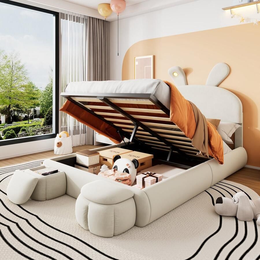 Sweiko Zacht gewatteerd bed Tweepersoonsbed Hydraulisch bed 140x200cm Konijnenoren met instelbare helderheid warme lichtstrepen opbergruimte onder het bed twee opbergkrukken fluweel Beige(excl. matras)