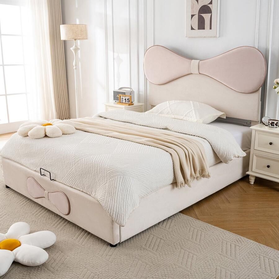 Sweiko Kinderbed 140x200 cm Hydraulische opbergruimte Verstelbaar hoofdeinde Strik Metalen frame Fluweel Beige + Roze