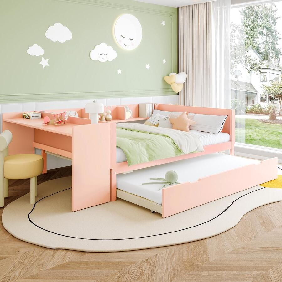 Sweiko Kinderbed 140x200 cm met bureau + onderschuifbed Dennenhouten bedframe Roze